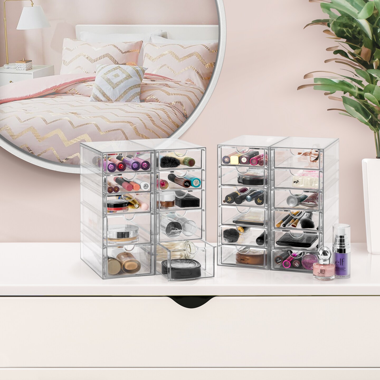 Sorbus 22 Drawers Acrylic Organizer for Makeup, Organization and Storage, Art Supplies, Jewelry, Stationary - 4 Pcs Clear Stackable Storage Drawers