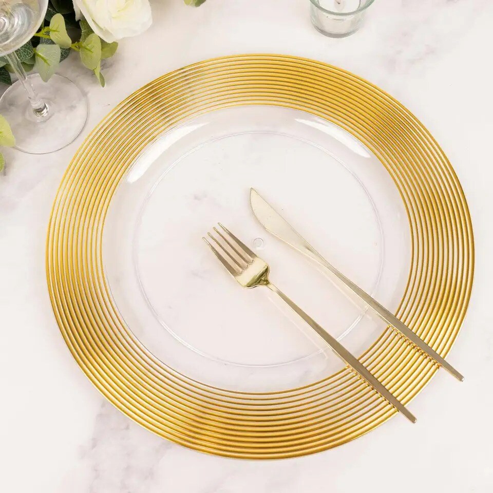 CLEAR GOLD 6 Round 13&#x22; Plastic CHARGER PLATES Lined Rim