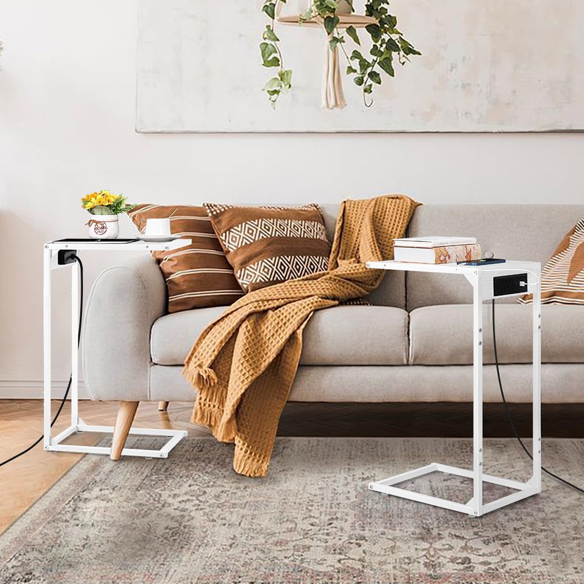 2pcs White C Shaped End Table with Charging Station