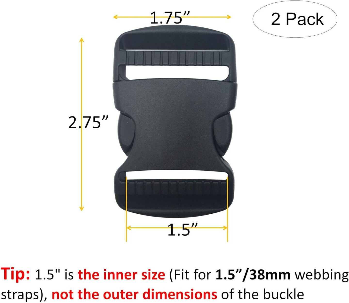 2 Set 1.5 Inch Flat Dual Adjustable Plastic Quick Side Release Plastic Buckles and Tri-glide Slides for Luggage Straps Pet Collar Backpack Repairing (Black, Fit For 1.5”/38mm Webbing Straps)