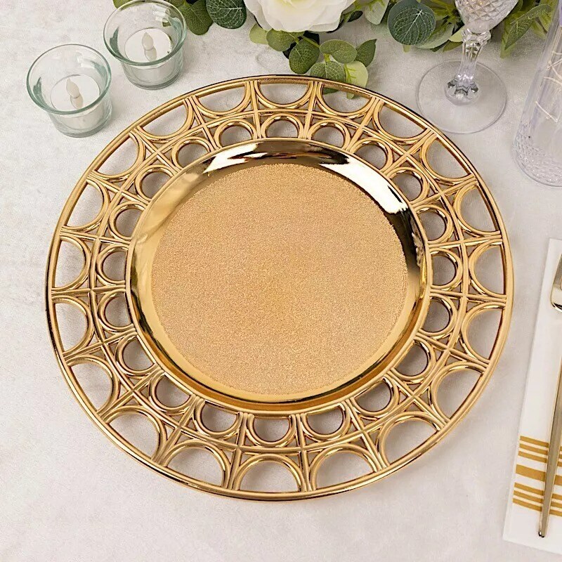 GOLD 6 Metallic 13&#x22; Acrylic Plastic CHARGER PLATES Hollow Semi Circle Rim
