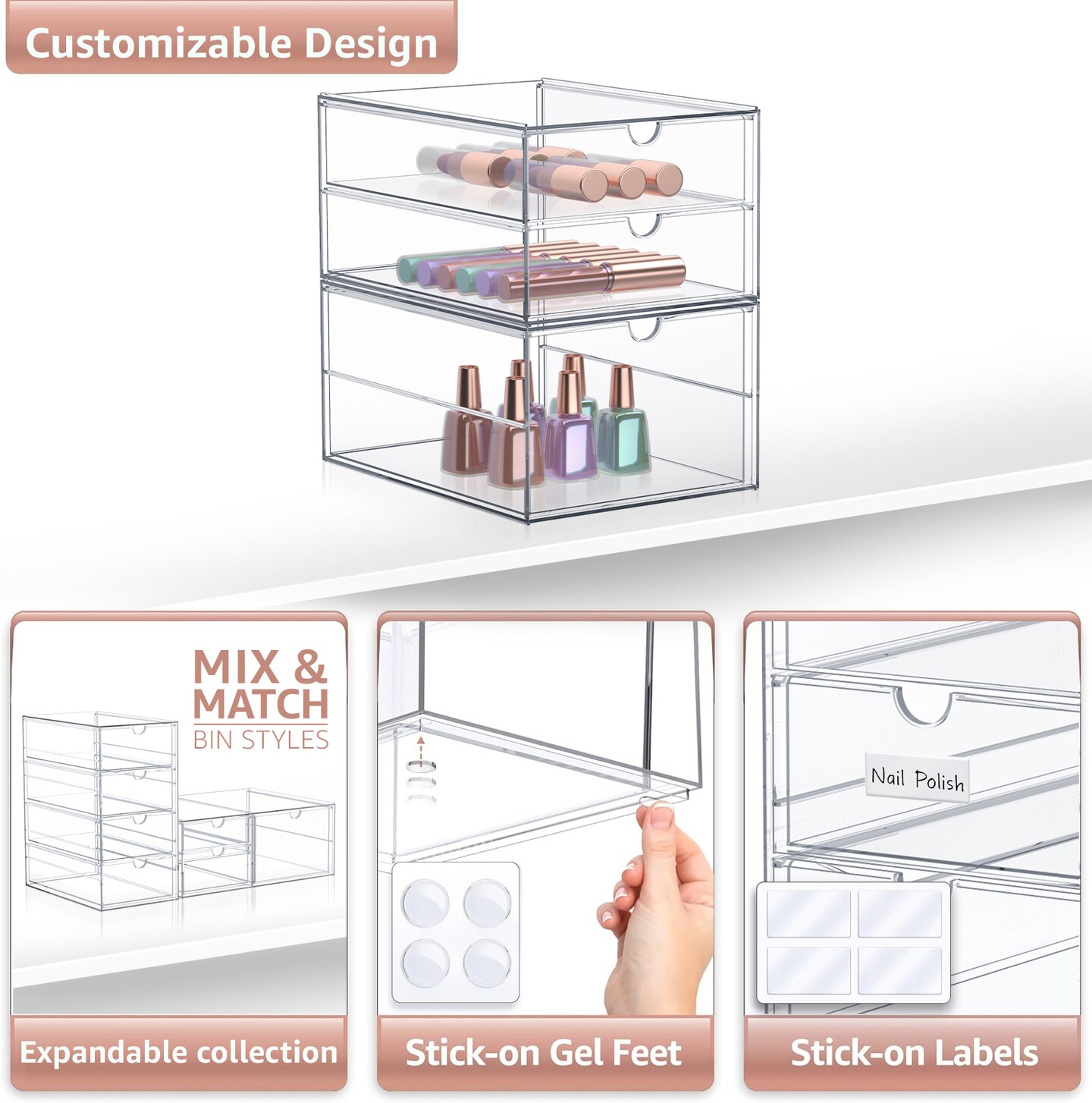 Sorbus 3 Drawers Acrylic Organizer for Makeup, Organization and Storage, Art Supplies, Jewelry, Stationary - 2 Pcs Clear Stackable Storage Drawers