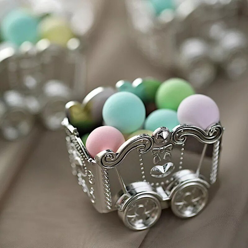 SILVER 12 Metallic Mini Chariot Wedding Favor Boxes GIFT HOLDERS
