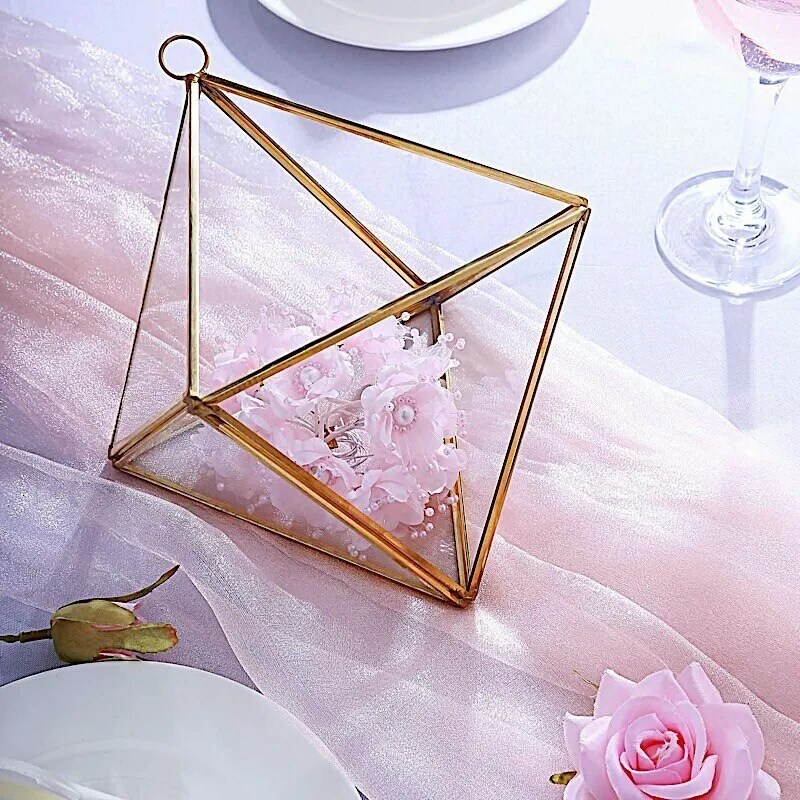 CLEAR GOLD 9&#x22; tall Geometric GLASS TERRARIUM VASE Metal Frame