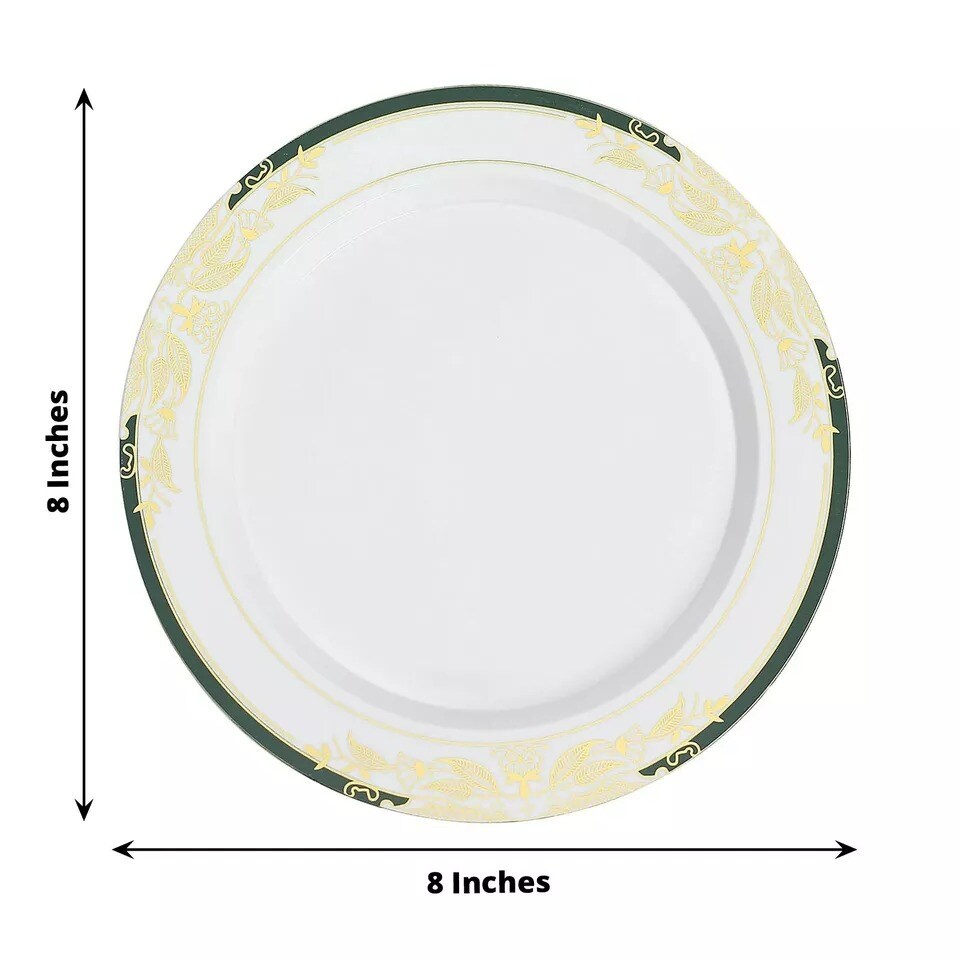 10 White Round 8&#x22; Plates Hunter Green Gold Trim