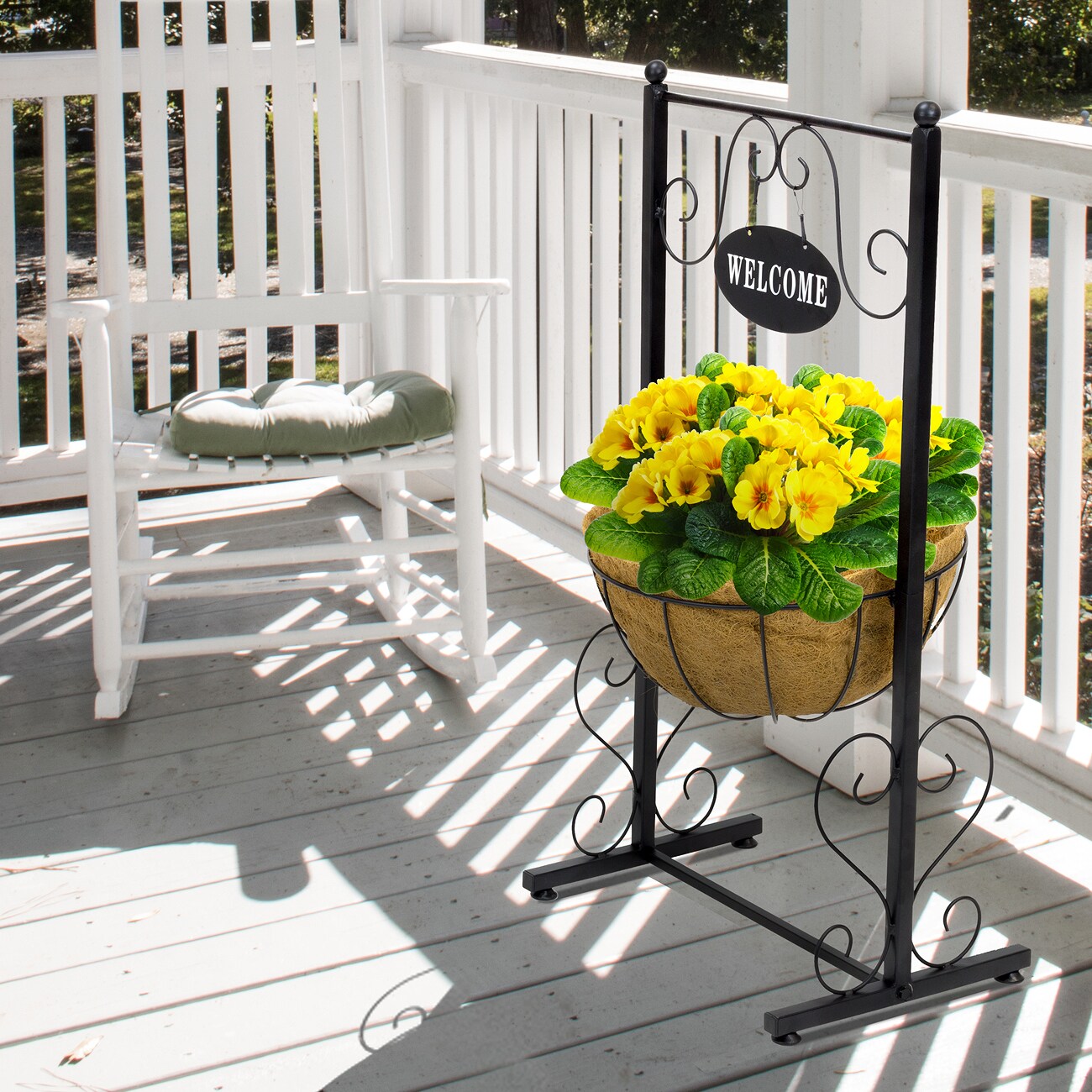 Sorbus Welcome Planter Basket Stand with Coco Liner, Stylish Flower, Plant, and Outdoor decor for Home, Garden, Patio, Deck, Black Metal