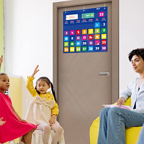 Calendar Pocket Chart Classroom Monthly Chart with 76 Cards 68 Illustrated Activity Cards 8 Dry Erase Blank Cards Plus 3 Over-Door Metal Hangers for Classroom Home or Preschool 20 x 19 Inches