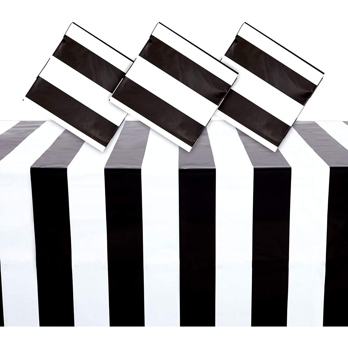 3 Pack Black and White Striped Tablecloth for Rectangular Tables, 9 ft Disposable Plastic Table Cover for Birthday, Graduation Party Table Decorations (54 x 108 In)