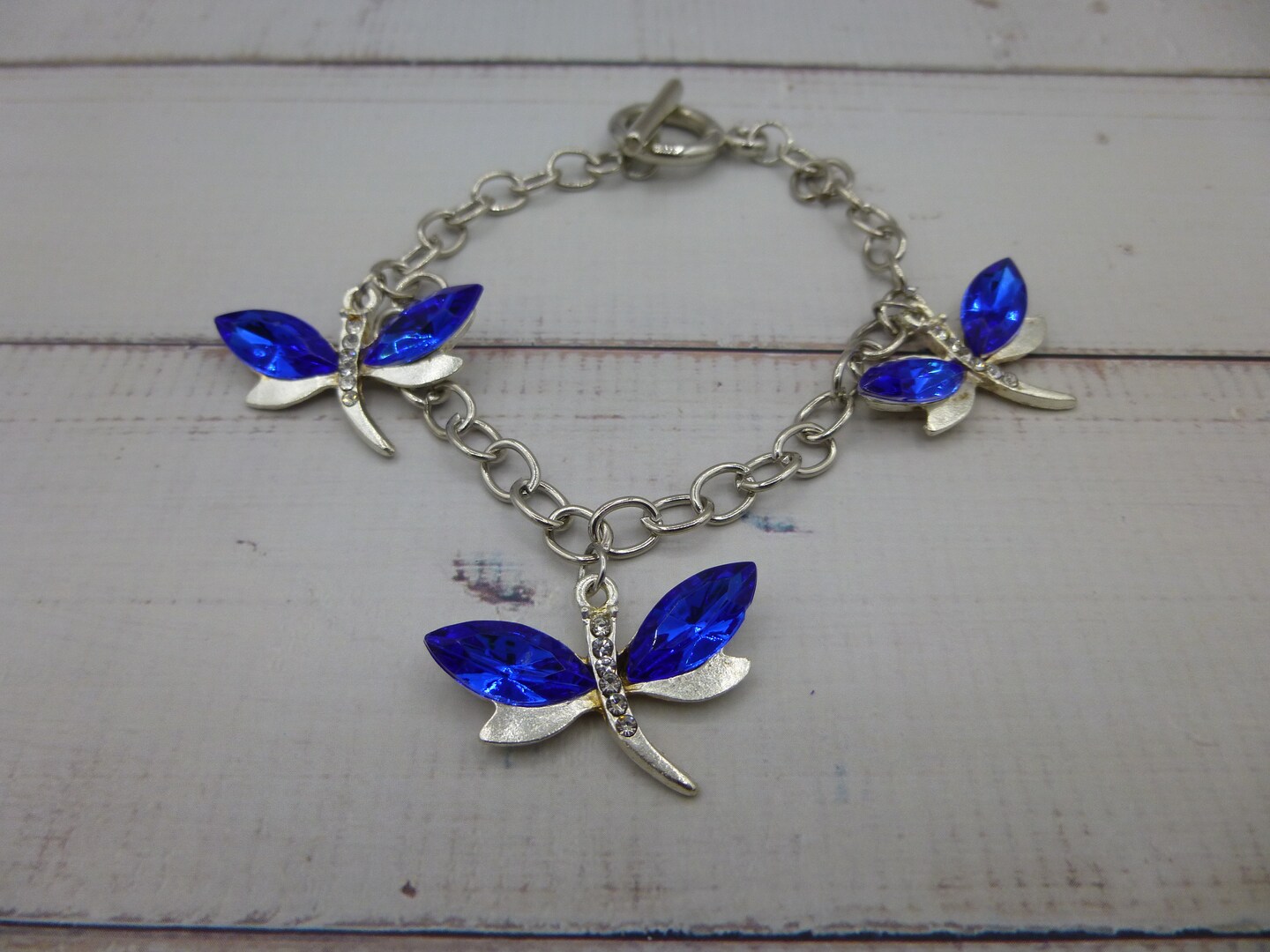 Dragonfly Toggle Bracelet Silver Tone Blue Dragon Fly Jewelry Handcrafted