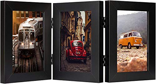 4x6 Triple Picture Frames Hinged 3 Photos Frame Collage, Three Picture Frames Multiple Desk Frame with Glass (Black, 1 Pack)
