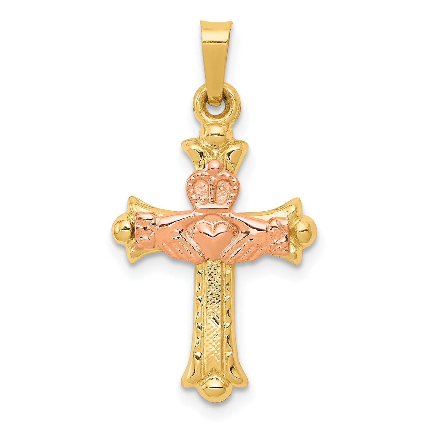 14K Two Tone Gold Claddagh Cross Pendant Charm Jewerly 28mm x 15mm