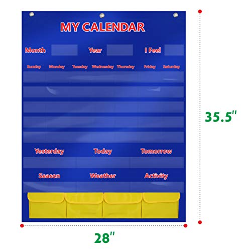 Calendar and Weather Pocket Chart with 148 Cards 108 Illustrated Activity Cards 40 Dry Erasable Flash Cards and 3 Hooks 28 x 35.5 Inches