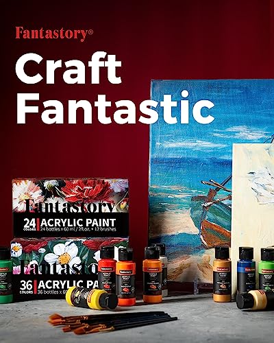 24-Color Acrylic Paint Set (2oz/60ml) Professional Craft Paint Art Supplies Kit for Adults and Kids Includes 12 Brushes for Painting Canvas, Fabric, Rock, Glass, Stone, Ceramic, Model, and Wood