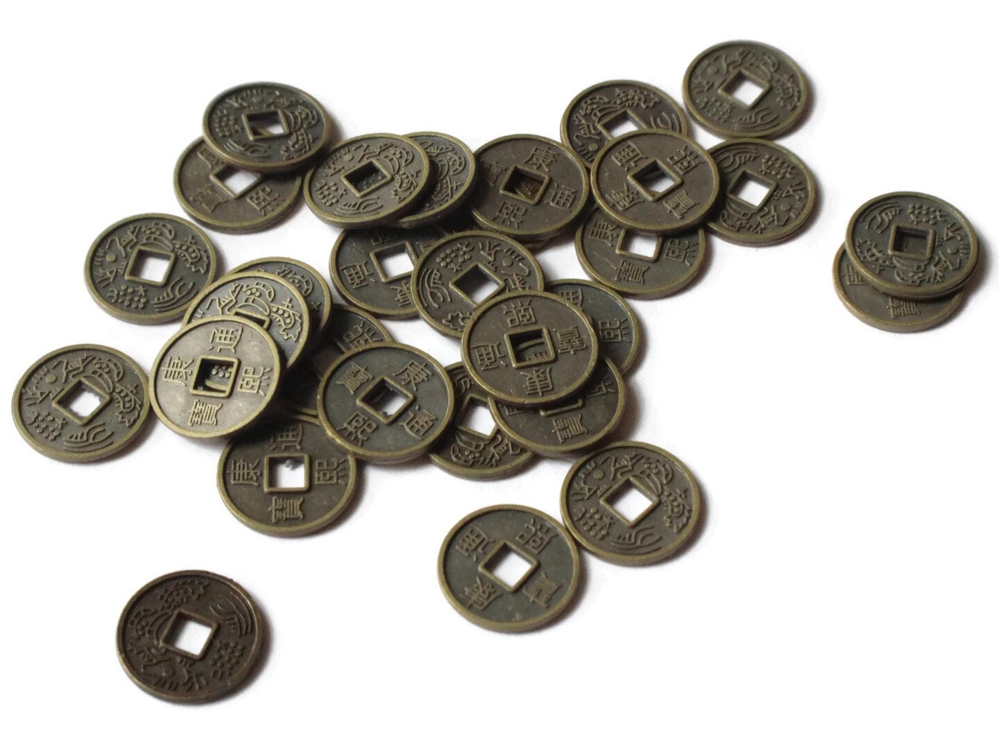 30 10mm Bronze Chinese Coin Beads Flat Round Miniature Replica Money Beads