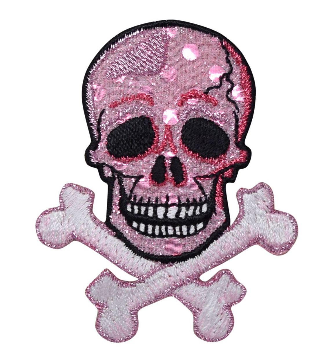 Pink Glittery Skull with Crossbones, Embroidered, Iron on Patch
