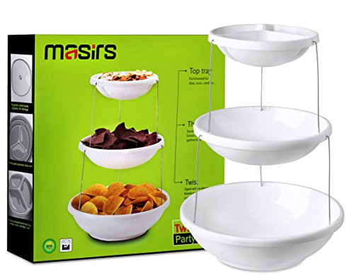 Collapsible Bowl, 3 Tier, The Decorative Plastic Bowls Twist Down & Fold Inside, Minimal Storage Space, Perfect for Serving Snacks, Salad and Fruit, The Top Bowl is Divided into Three Sections