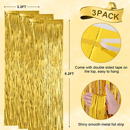 3 Pack 3.3x8.2 Feet Gold Foil Fringe Backdrop Curtains, Tinsel Streamers Birthday Party Decorations, Fringe Backdrop for Graduation, Baby Shower, Gender Reveal, Disco Party