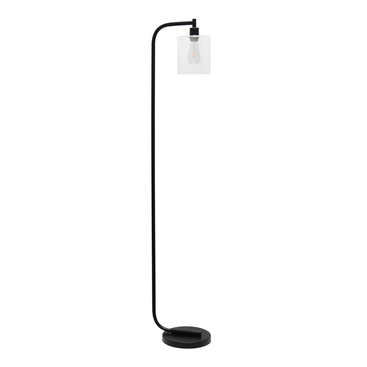 Simple Designs   Antique Style Industrial Iron Lantern Floor Lamp with Curved Arm, Clear Glass Shade and Footswitch on
