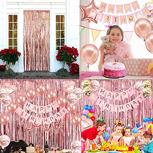 Rose Gold Birthday Party Decorations - Happy Birthday Banner, Rose Gold Fringe Curtain, Heart and Star Foil Confetti Balloons, and Hanging Swirls for Women's and Girls' Princess Parties