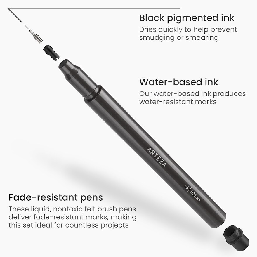 Arteza Micro-Line Pen, Black Japanese Ink, Assorted Nibs - Set of 10
