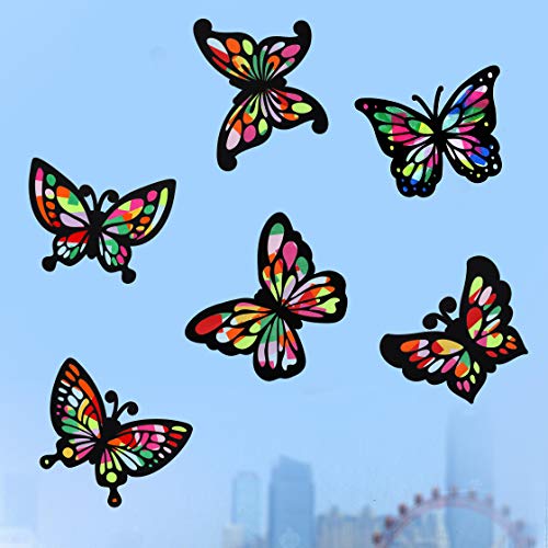 Outus Butterfly Stained Glass Effect Paper Butterfly Suncatcher, 6 Types for Window Art Classroom Art Craft Party Favor Travel Toy, 6.3 x 4.3 Inch with Colored Paper (12 Pieces)