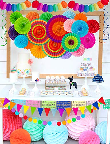 35PCS Fiesta Paper Fan Party Decorations Set - Cinco De Mayo Pom Poms,Pennant,Garland String,Banner,Hanging Swirls Decor Supplies(Multicolored)