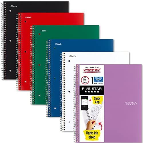 6-Pack Spiral Notebooks with Study App 1-Subject College Ruled Paper Fights Ink Bleed Water-Resistant Cover 8-1/2" x 11" 100 Sheets Color Will Vary