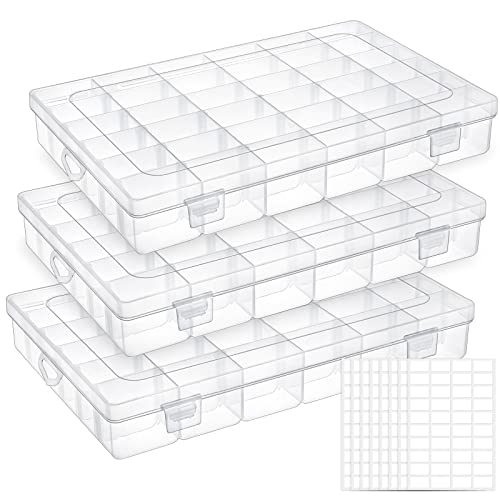 UOONY 4 Pack 36 Grids Plastic Organizer Box Craft Storage with Adjustable Dividers, Bead Organizer Container for Earrings Fishing Tackles Crafts Jewelry Thread with 400pcs Label Stickers