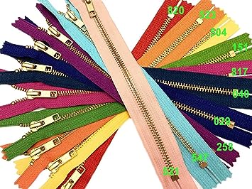 Metal Handbag Zippers YKK #5 Brass Auto Lock Zipper Medium Weight Closed Bottom Available in 7 Inch or 9 Inch Made in USA (9 Inch 10pcs, 10 Colors Mixed)