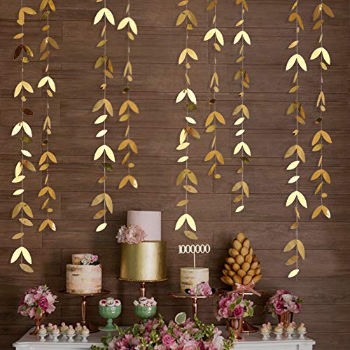 Gold Leaf Garland Hanging Decorations, 52 Ft Spring Party Banner, Paper Gold Leaves Streamer for Golden Wedding, Engagement, Bridal Shower, Birthday, Baby Shower, Summer, and Nature Tea Party Supplies