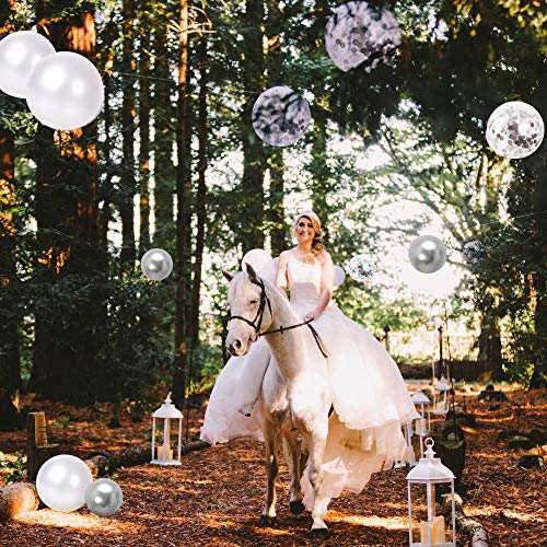 50 Pack 12 Inch White and Silver Confetti Latex Balloons - Silver Metallic Chrome Party Balloons with Silver Ribbon for Wedding, Birthday, and Baby Shower Decorations