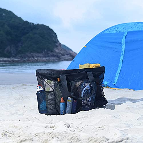 Extra Large Mesh Beach Bag with Zipper and Pockets - Oversized Duffle Tote for Towels and Beach Toys, Ideal for Family Beach/Pool Trips (Black)