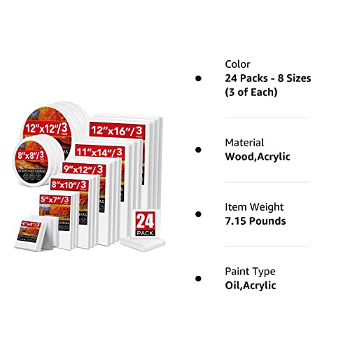 24 Pack Canvases for Painting with 4x4, 5x7, 8x10, 9x12, 11x14, 12x16, Round Canvas with 12x12, 8x8, 3 of Each, Painting Canvas for Oil & Acrylic Paint.