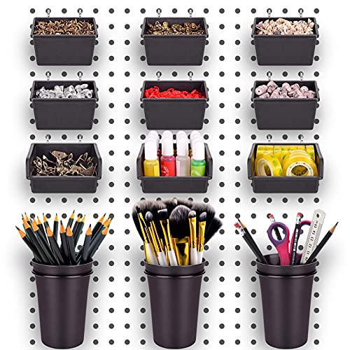 12 Pack Set Pegboard Bins PegBoard Cups with Hooks & Loops , Peg Hooks Assortment Organizer Accessory, Various Tools Storage Arrange System Kit, for Garage Craft Workshop Workbench Hobby Office