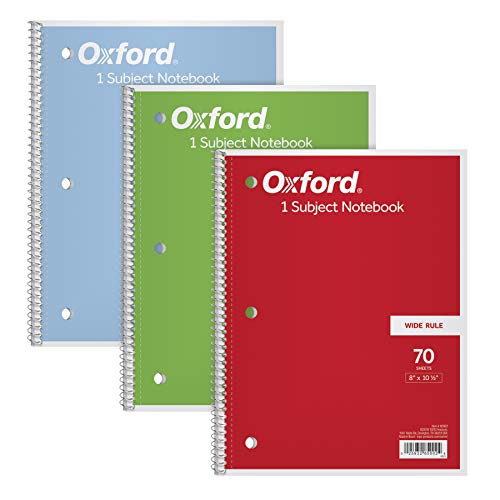 Oxford 1-Subject Notebooks, 8&#x22; x 10-1/2&#x22;, Wide Rule, 70 Sheets, 3 Pack, Color Assortment May Vary (65029)