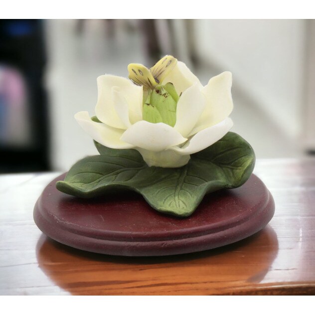 Ceramic Magnolia Flower with Butterfly on Wooden Base High Quality
