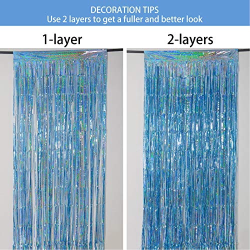 2 Pack 3.2 ft x 8.2 ft Tinsel Foil Fringe Curtains Backdrop, Sparkle Metallic Foil Curtains for Party Photo Booth Props Decoration, Light Blue