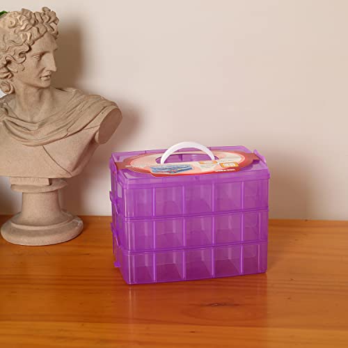 Bead Organizer,3-Tier Craft Organizers and Storage,Stackable Storage Containers with 30 Compartments Dividers for Washi Tape,Toy,Hair Accessories,Art Supplies,Fishing Tackle,Purple