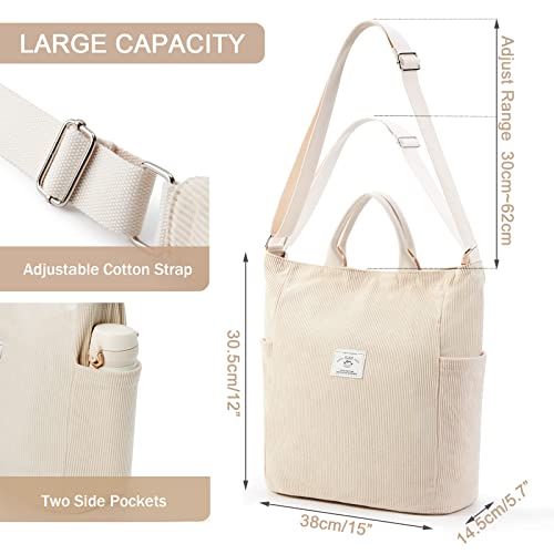 Corduroy Tote Bag, Large Zipper Messenger Bag Shoulder Hobo Crossbody Bag Casual Work Shopping Women Beige