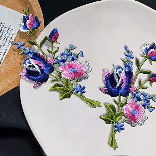 Pink and Blue Roses Pair - Floral Bouquet Embroidered Appliques, Iron-On Patches, New