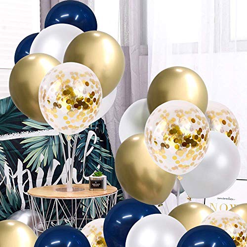 Navy Blue and Gold Confetti Balloons, 50 pcs 12 inch Pearl White and Gold Metallic Chrome Birthday Balloons for Celebration Graduation Party Balloons