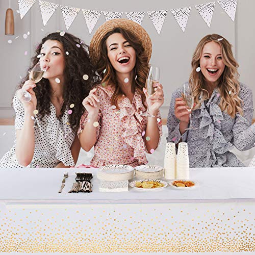 150 Pcs White and Gold Party Supplies Golden Dot Disposable Party Dinnerware Includes Paper Plates, Napkins, Knives, Forks, 12oz Cups, Banner, for Bridal Shower, Engagement, Wedding, Serves 25