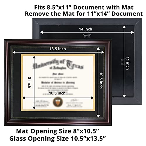 GraduationMall 8.5x11 Diploma Frame with Black over Gold Mat or Display 11x14 Document without Mat, UV Protection Acrylic, Mahogany with Gold Beads