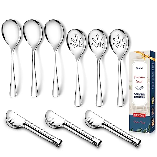 Stainless Steel Metal Serving Utensils - Large Set of 9-10 Serving Spoons,  10 Slotted Spoons, and 9 Serving Tongs by Teivio (Silver)