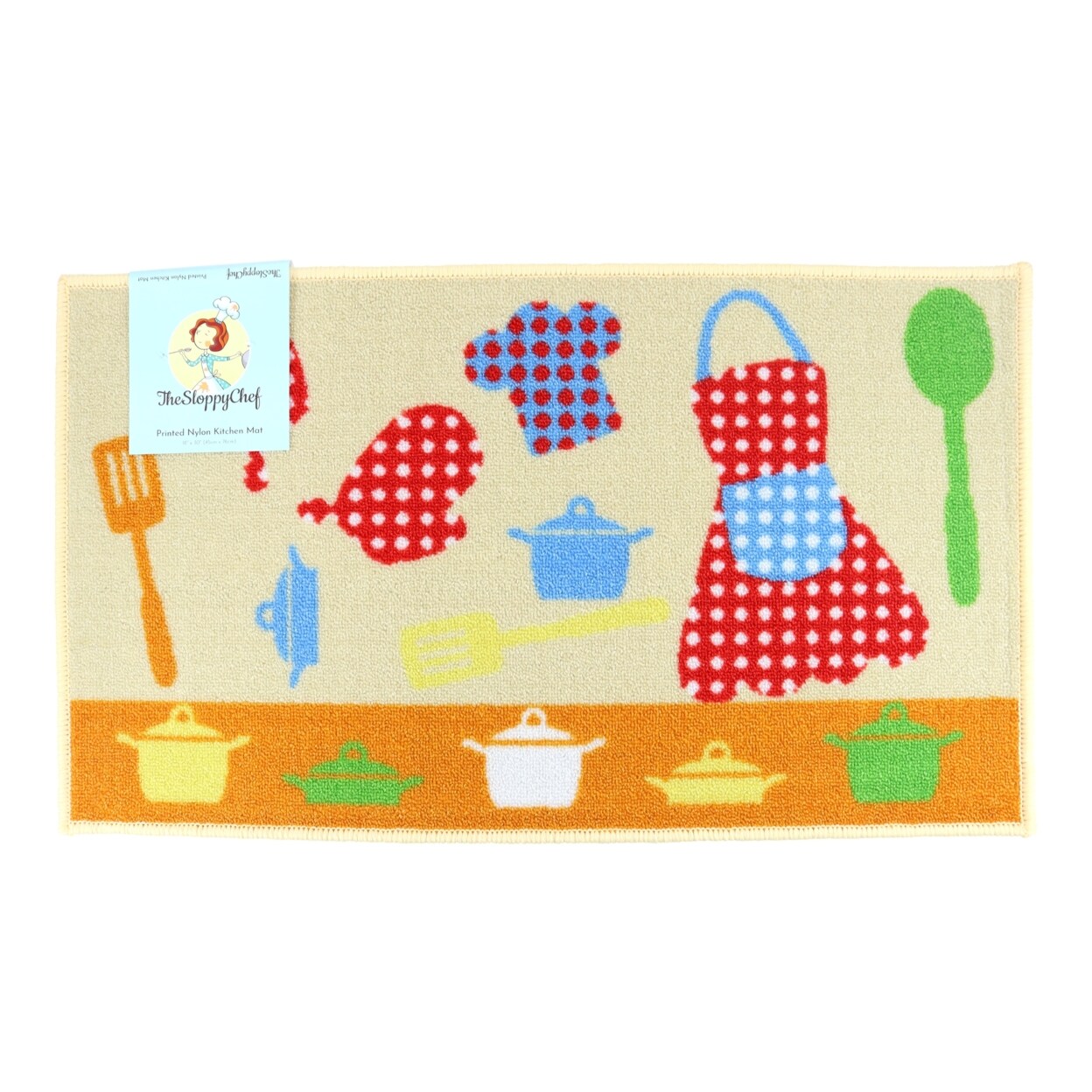 Sloppy Chef   Printed Kitchen Rug - 18 x 30 in - Pots and Pans Design