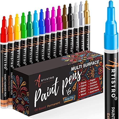 ARTISTRO 15 Oil Based Paint markers for Wood, Rock, Fabric, Glass -  Permanent, Quick Dry, Waterproof - Oil paint pens for Ceramic, Mugs, Metal,  Plastic - 1mm Fine Tip