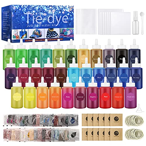 32 Color Tie Dye Kit, Fabric Dye Art Kit for Kids, Adults and Partues with Rubber Bands, Gloves, Plastic Film and Table Covers