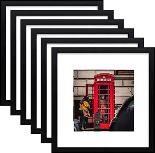 PWTAKO 8x8 Picture Frame Set of 6, Display Pictures 5x5 with Mat or 8x8 Without Mat for Wall Mounting or Table Top Display,Black