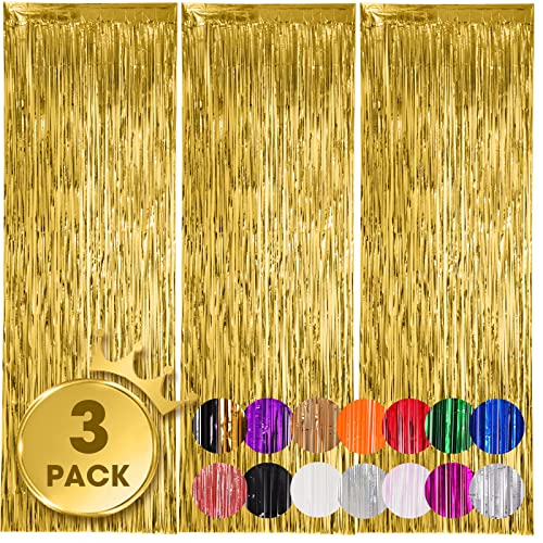 3 Pack 3.3x8.2 Feet Gold Foil Fringe Backdrop Curtains, Tinsel Streamers Birthday Party Decorations, Fringe Backdrop for Graduation, Baby Shower, Gender Reveal, Disco Party
