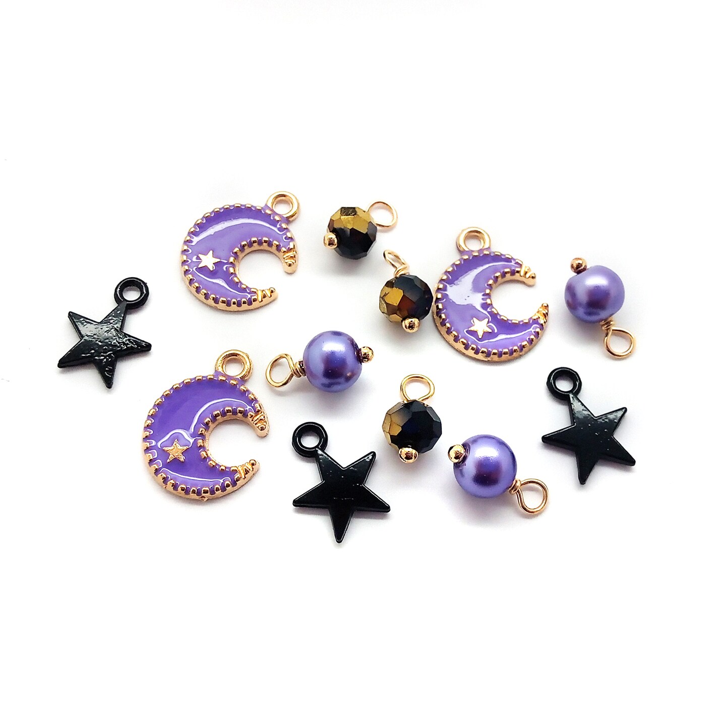 Purple Moon Charms with Black Stars, 12 pieces, Moody Aesthetic Bead